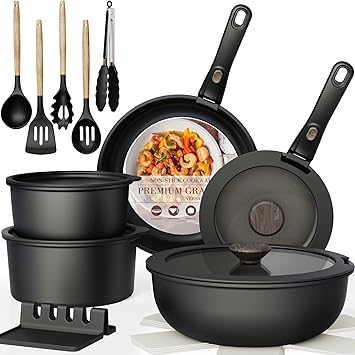 Astercook 21 Pcs Pots and Pans Set Non Stick, Ceramic Cookware Set Detachable Handle, RV Kitchen Cooking Set Removable Handles, Oven Safe, Induction Ready, Stackable, Black, Mothers Day Gifts