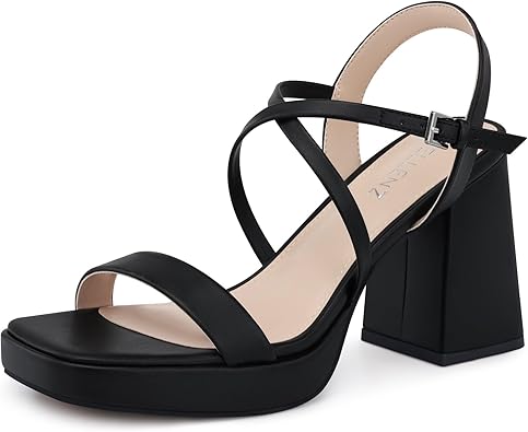 CELLENZ Women Chunky Platform Heels: 3.9 Inch High Heel Prom, Wedding, Party, Square Open Toe Heeled Sandals, Strappy Comfortable Sexy Dressy Shoes