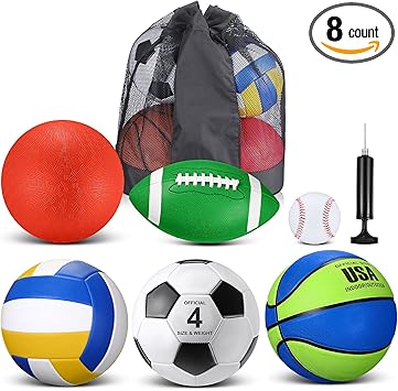 Realspring 6 Pcs Kids Sport Ball Set Includes Official Size Soccer, Basketball, Football, Volleyball, Playground Ball, Baseball with Bag & Pump Back to School Gift for Teens Outdoor Sport Play