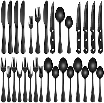 24-Piece Black Silverware Set with Steak Knives, Black Flatware Set for 4, Food-Grade Stainless Steel Tableware Cutlery Set, Mirror Finished Knife Spoon And Fork Sets for Home Restaurant