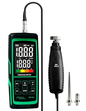 Industrial Vibration Meter – VM-424 with Remote Probe, Acceleration 0.1–199.9 m/s², Velocity 0.1–199.9 mm/s, Displacement 0.001–1.999 mm, 10Hz–3kHz, Magnetic Sensor