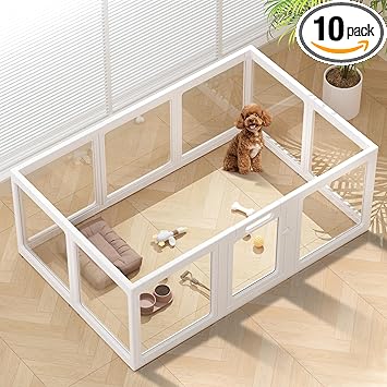 Clear Acrylic Dog Playpen Indoor, Puppy Cat Small Pet Play Pen, Pet Cat Playpen for Rabbits, Dog Fence Crate Kennel Whelping Cage (24", White, 10 Panels)
