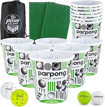 VULCANO SPORTS Par Pong Backyard Golf Chipping Game – Outdoor Golf Game with 12 Buckets, 2 Hitting Mats & Golf Balls – for Adults, Tailgating, BBQ, Parties & Gifts for Golfers.