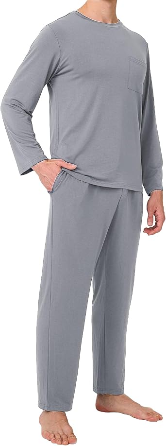 BAMBOO COOL Mens Pajama Set Bamboo Viscose Soft Pijamas Sets for Men Long Sleeve Full Length Pants Pjs Sleepwear with Pockets