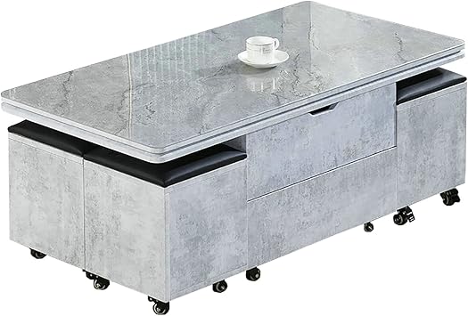 Tempered Glass Coffee Table with Lift Table Top and Wheels, Folding Dinning Table with Multiple Storage Areas, Grey and Green (Grey)