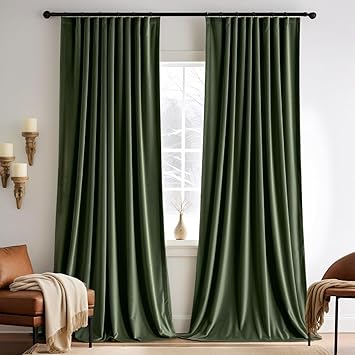 MIULEE Olive Green Velvet Curtains 120 inches 2 Panels - Pinch Pleated Luxury Room Darkening Curtains for Bedroom Living Room Thermal Insulated Super Soft Window Drapes Rod Pocket, W52 x L120 inch