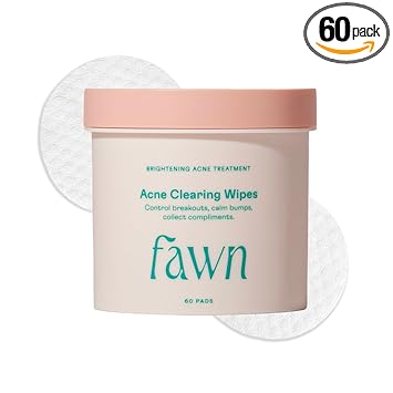 Fawn Acne Clearing Facial Toning Wipes with Salicylic Acid for Teen and Young Skin, Derm-formulated and Vegan, 60 Pads