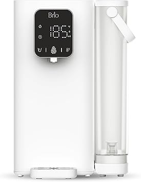 Brio SIMPL Countertop Water Dispenser, 3 Stage Water Filter & Adjustable Instant Hot Water | Easy Access Refillable 2.5L Tank | Tall 8.5" Dispense Height, LED Touch Controls, White