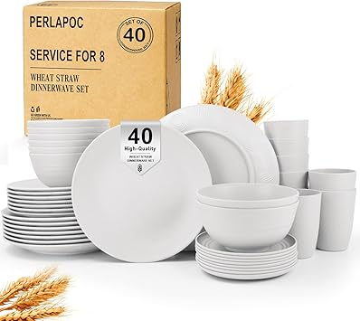 40 PCS Wheat Straw Dinnerware Sets, Service for 8 - Dinner Plates, Cereal Bowls, Drinking Glasses, Unbreakable Plastic Plates and Bowls Sets, Dishwasher and Microwave Safe for Kitchen - White