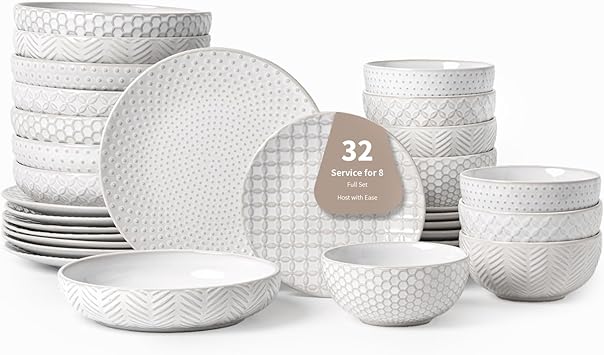 FOBENTA 32-Piece Luxury Dinnerware Set,Complete Plates and Bowls Set for 8,Upscale Ceramic Dish Set for Hosting, Holidays & Family Gatherings–Microwave & Dishwasher Safe