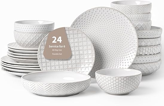 FOBENTA 24-Piece Ceramic Dinnerware Set,Large Plates and Bowls Set for 6,Elegant Dish Set for Families & Entertaining–Microwave & Dishwasher Safe Tableware (Double Bowl)
