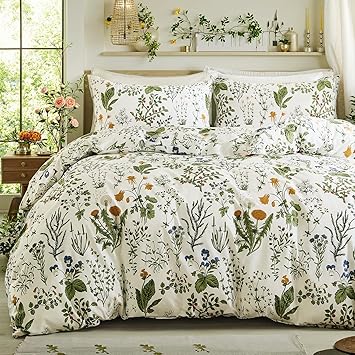 Green Comforter Set Queen, 100% Cotton Reversible Floral Pattern Comforter Set 3 Pcs Soft Cotton Lightweight Comforter All Season Soft & Breathable Green Bedding Set