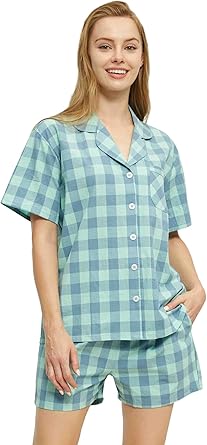 HiddenValor Women's 2 Piece Cotton Pajama Set, Short Sleeve Button Down Sleepwear Shorts Lounge Sets With Pockets