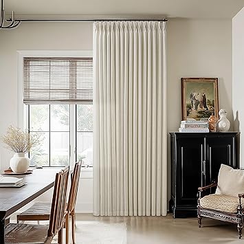 Pinch Pleated Linen Curtains 108 Inches Long for Living Room Tan Beige Double Pleated Drapes Hooks Rings Back Tab Farmhouse Ceiling Floor 108 Inch Window Curtains Bedroom Neutral Flax Linen 1 Panel