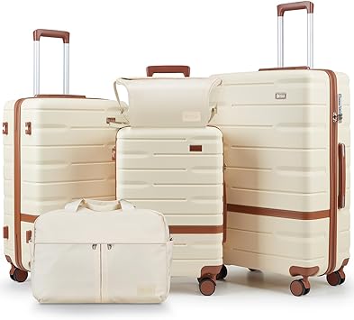 NEISIA Luggage Sets 3 Piece with TSA Lock Hardside PC+ABS Carry On Suitcase with Spinner Wheels Lightweight Rolling Travel Luggage Sets with YKK Zippers (Beige)