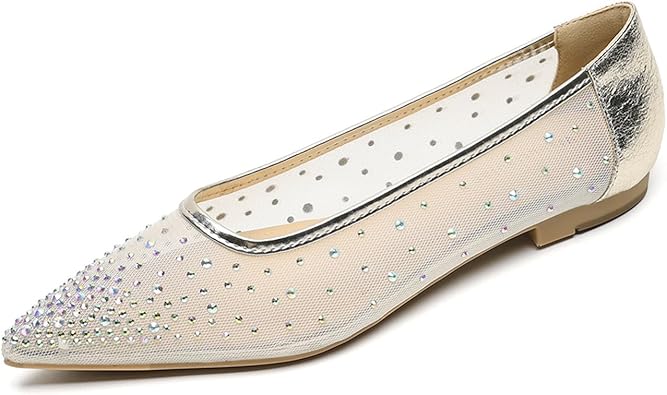 Women's Mesh Rhinestone Flat Ballet Loafers Sexy Pointed Toe Soft Bottom Non-Slip Breathable Slip-On Flats for Party, Evening Party, Date