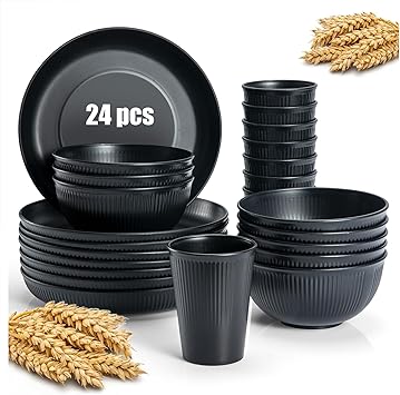 Wheat Straw Dinnerware Sets, 24-Piece Plastic Tableware for 8 People, Wheat Straw Plates and Bowls Sets, Unbreakable Dinnerware, Dishwasher Safe Plates, Suitable for Kitchen and Camping Use