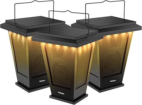 pohopa Bluetooth Speakers Waterproof, Solar Powered Outdoor Speakers, 3 Packs Surround Sound 30W Wireless Multiple Pairing with 20 Piece LED Lights, Richer Bass, Black