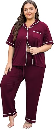 Vozanet Women's Plus Size Pajamas Button Down Shirt and Pants Soft Lounge Sets Bride Nighty Bottom with Pockets 1x to 5x