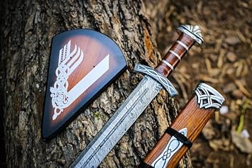 Handcrafted Damascus Steel Viking Sword with Wooden Handle, Medieval Collectible Blade with Decorative Scabbard, Best Gift, Decorative Collection