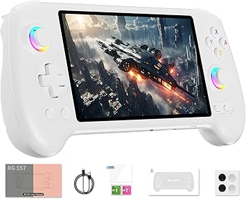 Voacle Anbernic RG557 Retro Handheld Game Console, 5.48 Inch AMOLED Screen Handheld Emulator Android 14 System Dimensity 8300 Processor Support WIFI 6E Bluetooth 5.3(White)