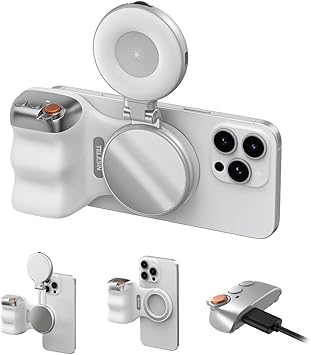 TELESIN Fun Shot Magnetic Phone Camera Grip + C03 Magnetic Selfie Light (Silver) Bundle Kit Compatible with iPhone Magsafe & Android, Creator Kit for Selfies/Photography/TikTok/Zoom Calls/Video