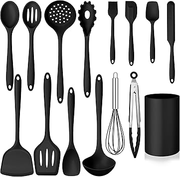 Homikit Silicone Cooking Utensil Set, 15pcs Kitchen Utensils with Holder for Nonstick Cookware, Heat Resistant Nontoxic Silicone Spatula Set Dishwasher Safe Kitchen Tools for Baking-Black