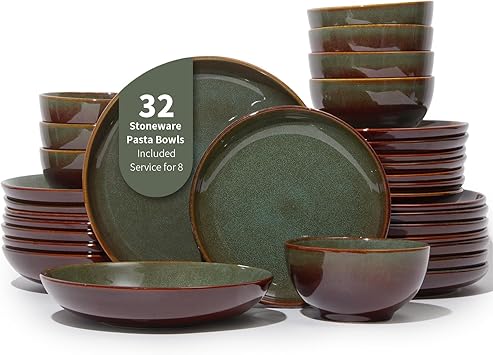 Pokini 32 Piece Double Bowl Dinnerware Sets with Pasta Bowls, Highly Chip and Crack Resistant Plates and Bowls Sets, Natural Earthyware Ceramic Dishware Sets, Service for 8 Brown Green