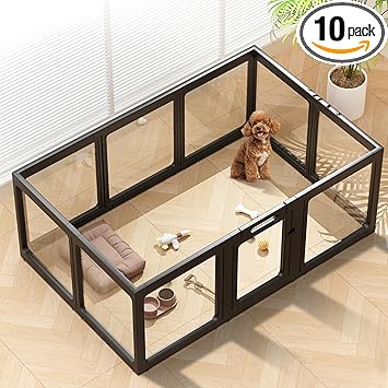 Clear Acrylic Dog Playpen Indoor, Puppy Cat Small Pet Play Pen, Pet Cat Playpen for Rabbits, Dog Fence Crate Kennel Whelping Cage (24", Black, 10 Panel)