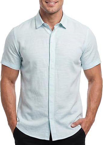 Cotton King Mens Linen Shirts Short Sleeve Casual Button Down Shirt Lightweight Beach Summer Vacation Shirt for Men