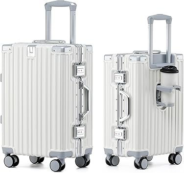 HotWay 20 Inch Aluminum Frame Carry On Luggage with Spinner Wheels, PC Hard Shell Suitcase with Cup Holder, Zipperless Luggage for Business Travel, White