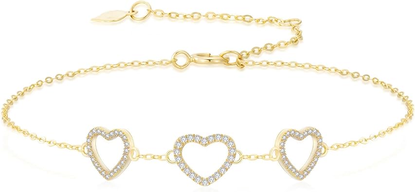 SISGEM 14k Gold Created Moissanite Three Heart Bracelet for Women, Real 14kt Hand Jewelry Gifts for Her, 6.2"-7.8"
