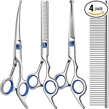 Professional 4 in 1 Dog & Cat Grooming Scissors Kit with Safety Round Tips,Sharp & Durable,Dog Shears for Grooming - Includes Straight, Curved, Thinning Scissors and Comb - Premium Pet Supplies