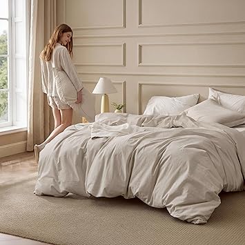 Bedsure 100% Washed Cotton Duvet Cover Oversized King - Linen Color Minimalist Bedding Set Linen Like - PureWoven Plain Simple & Soft Comforter Cover for All Seasons (Oversized King, 120"x98")