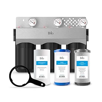 Brio Whole House Water Filter System w/Gauges | 3 Stage Fast-Flow Filtration (5 Micron Sediment, Carbon GAC, CTO Carbon Block) 4.5" x 10" Filters | Improves Taste, Protects Home Appliances | 720 GPH