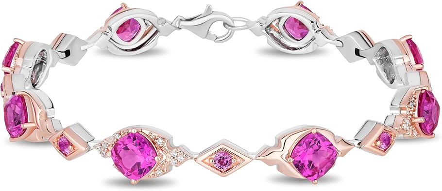 Jewelili Enchanted Disney Fine Jewelry Aurora Link Bracelet for Women | 14K Rose Gold over Sterling Silver | Pink Sapphire & 1/8 CTTW White Diamonds | Princess Inspired Jewelry Gifts for Her