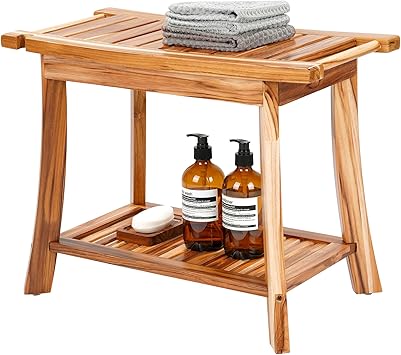 24" Solid Teak Shower Bench with Towel Bar & Storage Shelf - Waterproof Bath Stool with Fixed Non-Slip Feet, 300lbs Capacity