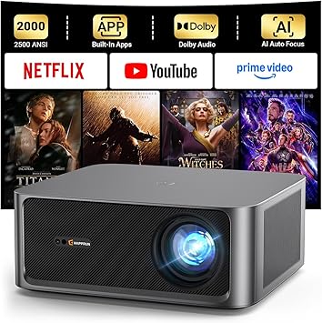 2000 ANSI Lumens Outdoor Projector with Built-in Streaming Apps, HAPPRUN 4K Decoding Movie Home Theater with Auto Focus, Dolby Audio, Wi-Fi Bluetooth, Compatible with Phone & PC, Indoor & Outdoor Use