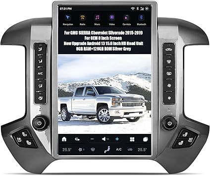 Upgrade AuCar 15.6 Inch Android 13 Car Radio for GMC Sierra Chevrolet Silverado 2015-2019 Head Unit (Only OEM 8" Screen) Wireless Carplay GPS Navigation Multimedia Player (Silver Grey)