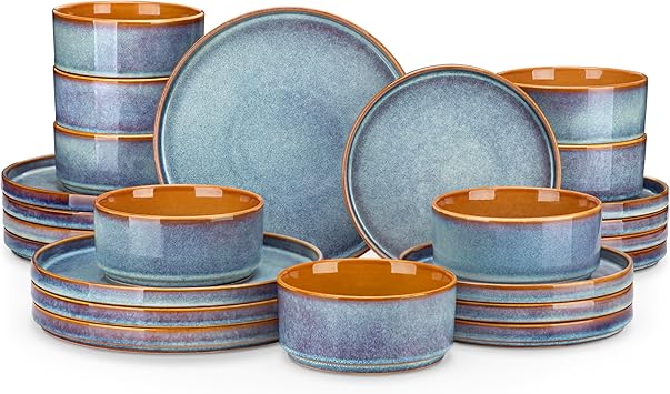 vancasso ONION Ceramic Plates and Bowls Sets, 24 Pieces Blue Dinnerware Sets for Kitchen, Reactive Glaze Dishes Set for 8, Dishwasher and Microwave Safe