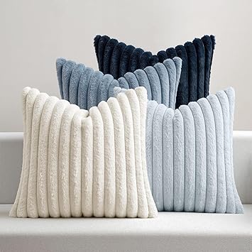 MIULEE Faux Fur Plush Decorative Throw Pillow Covers 18x18 Set of 4, Summer Modern Soft Fuzzy Coastal Striped Cushion Covers for Sofa Couch Bed Living Room Cozy Home Decor,Navy Blue