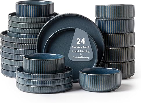 FOBENTA 24 Piece Starry Blue Ceramic Dish Set,Plates and Bowls Set for 8,Dinnerware Sets for Hosting, Gifting & Everyday Serenity