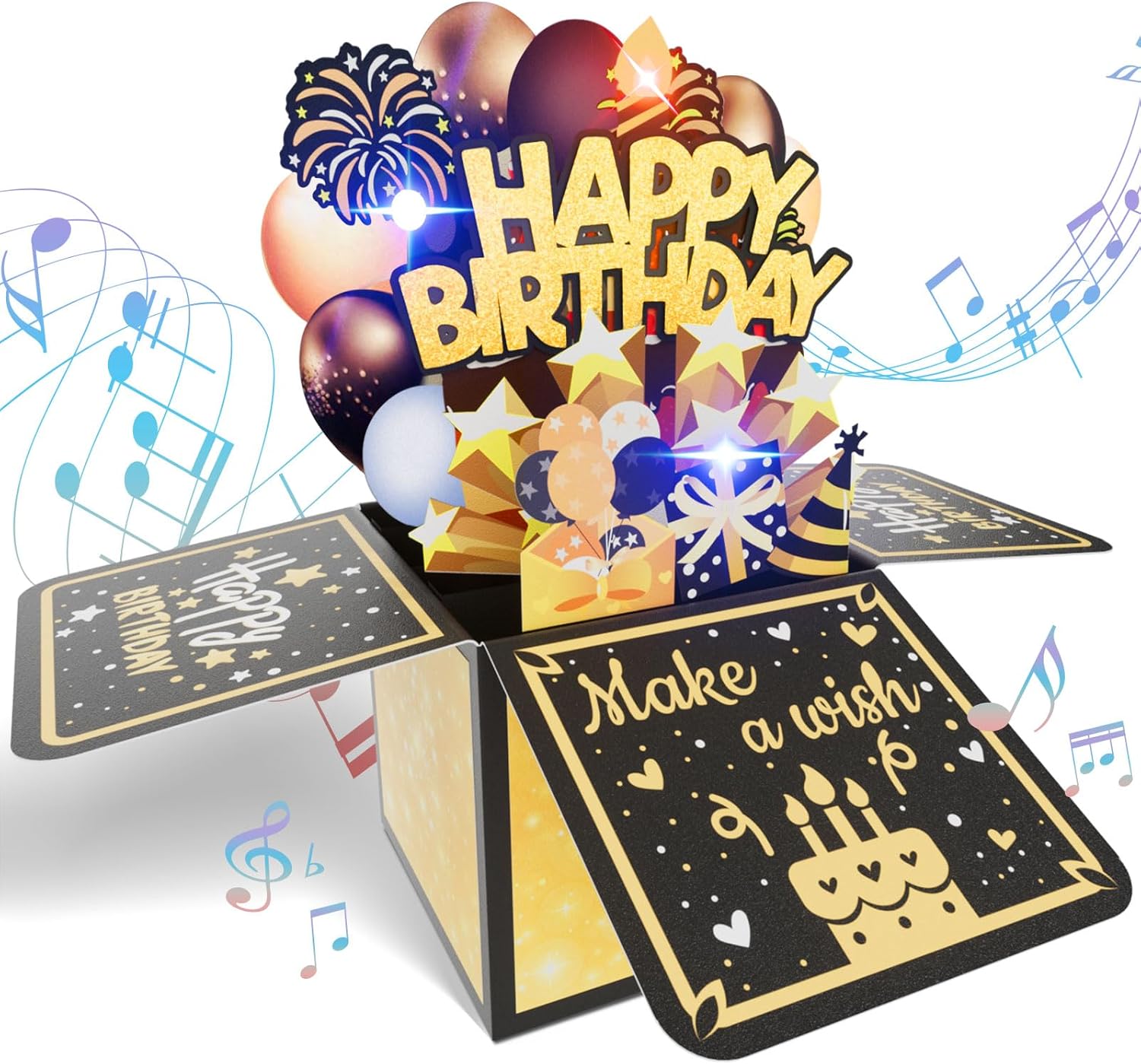 Happy Birthday Gift Card with Blowable Lights and Music, Funny 3D Pop Up Foldable Birthday Cards for Kids Men Women with Envelopes, Sweet Greeting Gifts for Daughter Son Mom Dad Friends