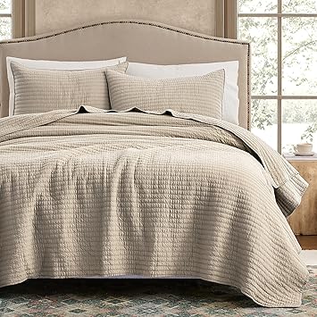 WDCOZY 100% Cotton King Size Quilt Set - Beige Neutral Striped Pick Stitch Soft Lightweight Bedspread, Textured Like Linen, Farmhouse Country Rustic Coverlet, Shabby Chic Gauze Bedding, 3 Pieces