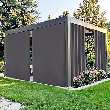 NICETOWN Patio Curtains Outdoor Waterproof, Windproof with Peel/Stick Top & Back Tab Bottom, Sun Blocking Shades with Rope, Rod-Free Drapes for Gazebo/Porch, W84 x L84 in, Grey, 2 Panels