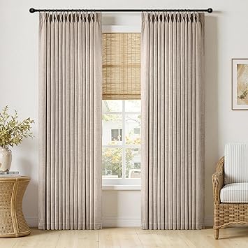 MIULEE Pinch Pleated Thick Linen Curtains 90 Inches Long 2 Panels for Living Room Bedroom, Linen Texture Memory Trained Drapes Pinch Pleat Rustic Farmhouse Window Curtains with Hooks&Rings, Taupe