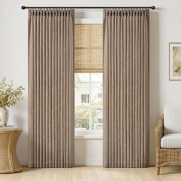 MIULEE Pinch Pleated Thick Linen Curtains 90 Inches Long 2 Panels for Living Room Bedroom, Linen Texture Memory Trained Brown Drapes Pleat Back Tab Light Filtering Country Farmhouse Burlap Curtains