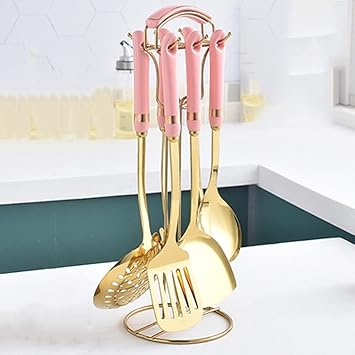 Nordic style Stainless Steel Cookware Kitchenware Sets kitchen Tools Ceramic Handle Hook Up Storage Metal Shovel Spoon (Color : 04)