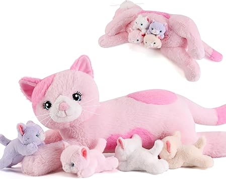 gnomantic 5 Pieces Cat Stuffed Animals with Babies Inside Belly - 1 Mommy Stuffed Cat with 4 Kittens - Stuffed Kitty Plush Toys for Kid Age 3-8, Gift Ideal for Christmas, Valentine's, Birthday (Pink)