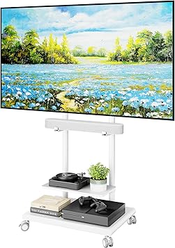 Steel Base Rolling TV Stand with Soundbar Mount for 37-75 inch TVs up to 154lbs, Swivel&Tilt Mobile TV Stand with Large Storage, Height Adjustable Heavy-Duty TV Cart, Max VESA 600x400mm, White